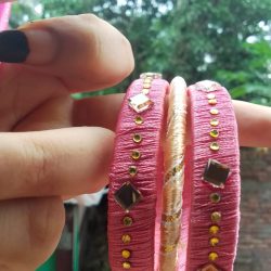 Handmade Pink & Golden Bangles – Elegant Traditional Charm (3 pieces)